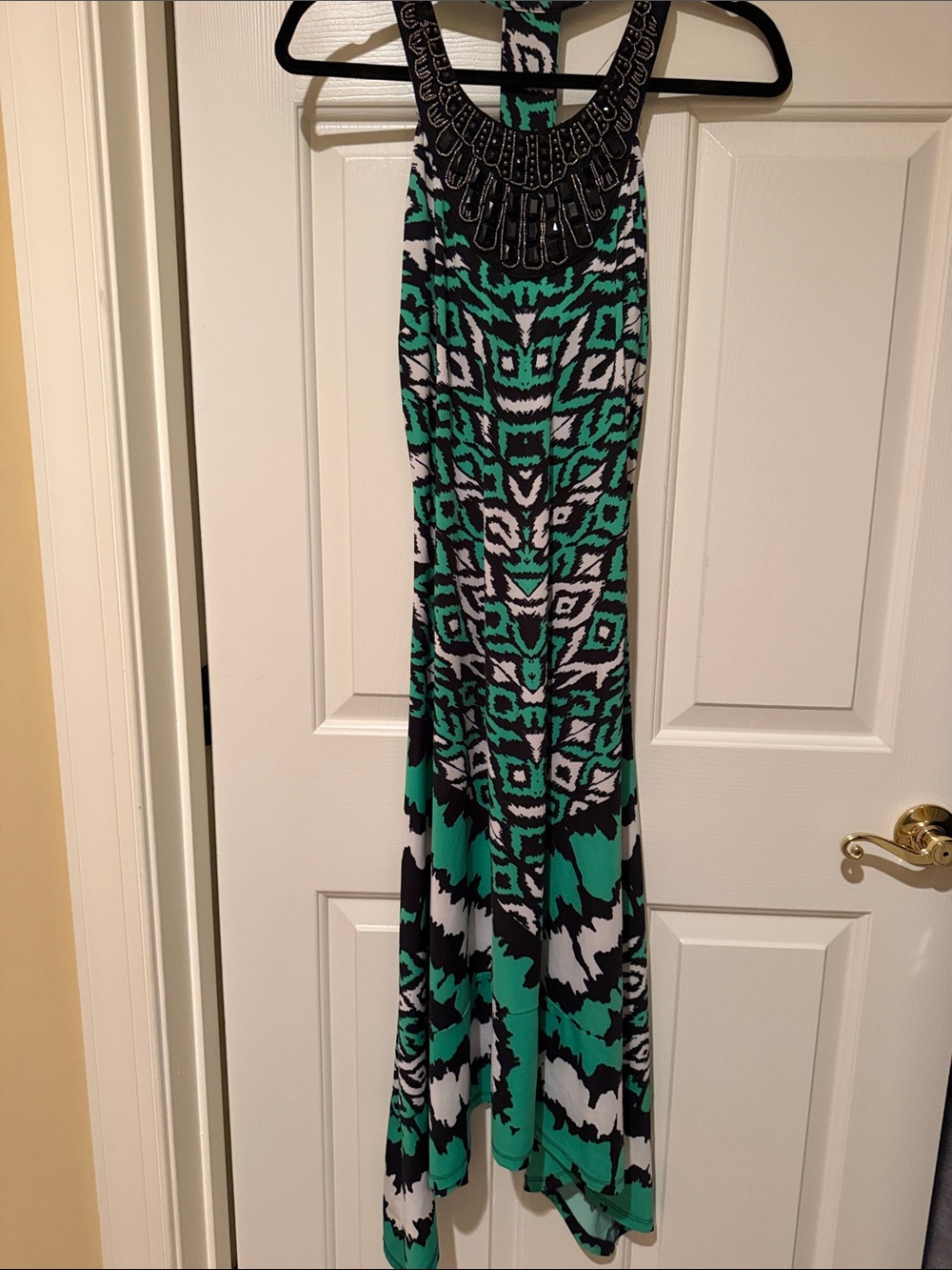 Embellished Halter Maxi Dress in Green, Black & White